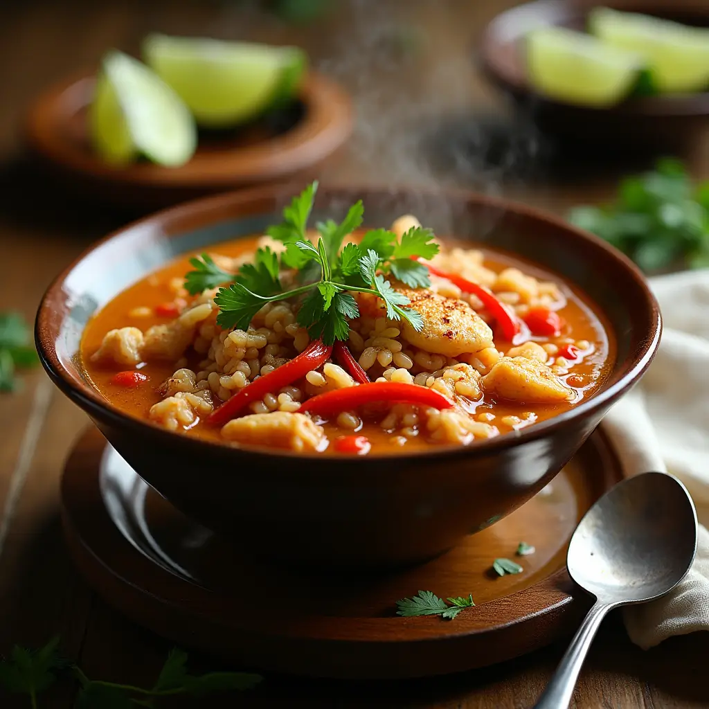 Chopt Spicy chicken soup with rice in a bowl, garnished with fresh cilantro and chili flakes, served on a rustic wooden table with lime wedges and a spoon.