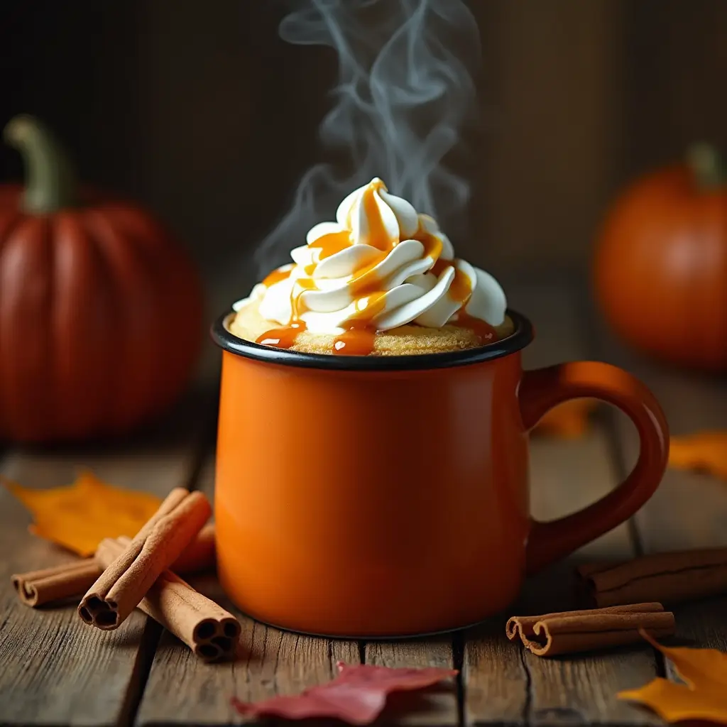 Steaming pumpkin mug cake topped with whipped cream and caramel drizzle in an orange ceramic mug, surrounded by cinnamon sticks, autumn leaves, and decorative pumpkins on a rustic wooden table